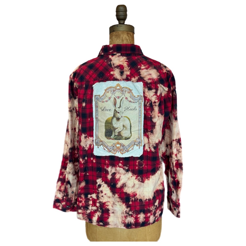 Upcycled/Reworked Flannel Shirt| Vintage "Love Heals" Rabbit| Boho| Medium - Picture 2 of 6